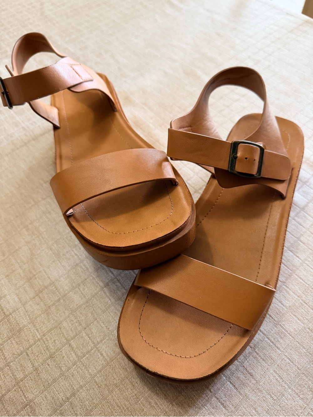 BAMBOO Tan Two-Strap Buckle Sandals